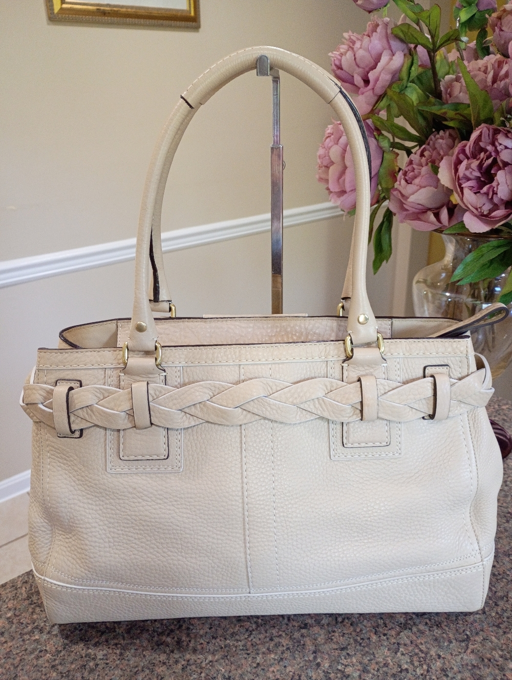 Coach Hamton Briaded Pebbled Leather Satchel Bag in Chalk - Picture 6 of 16